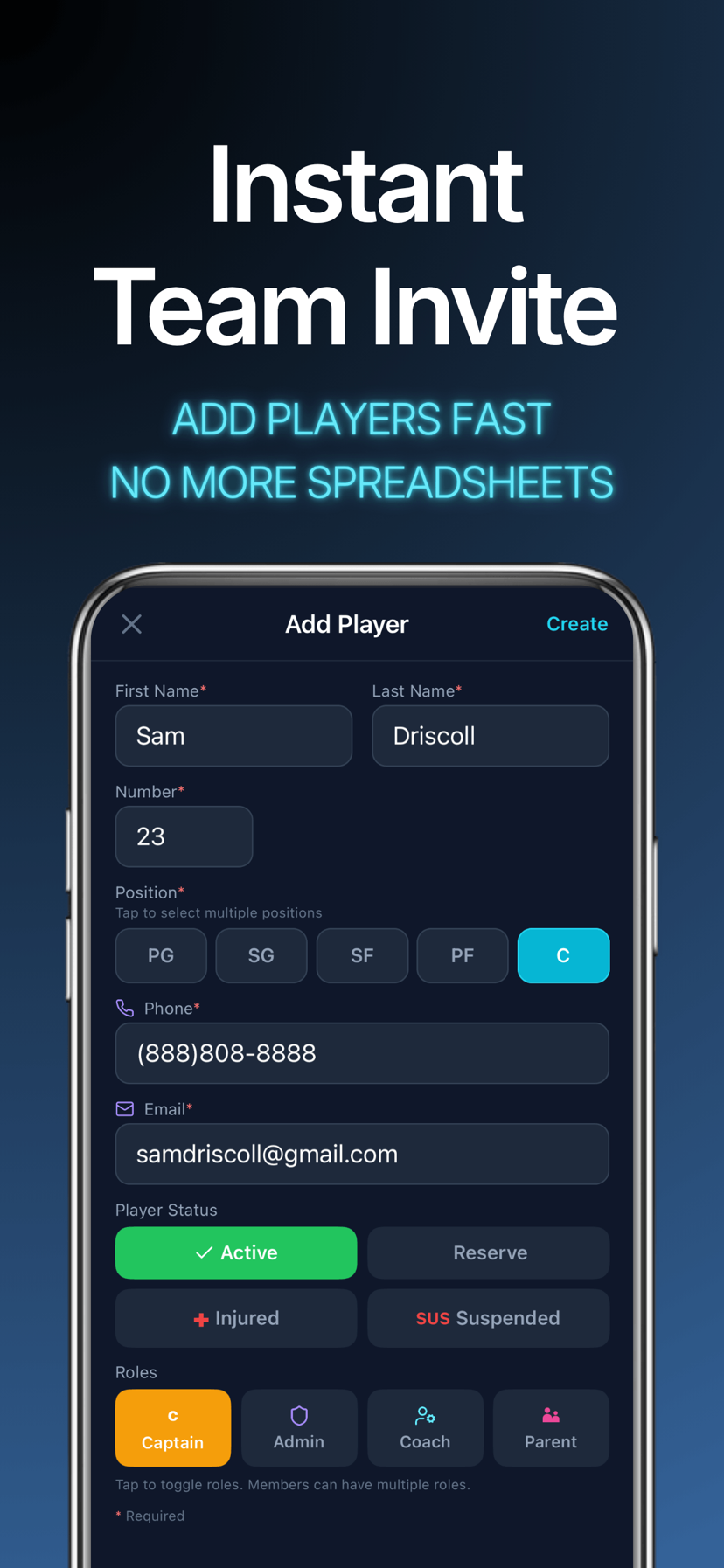 Instant team invite — add players fast, no spreadsheets